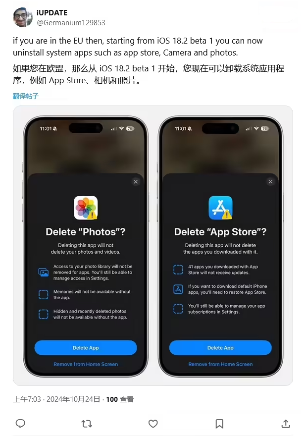 玉林苹果手机维修分享iOS 18.2 支持删除 App Store 应用商店 