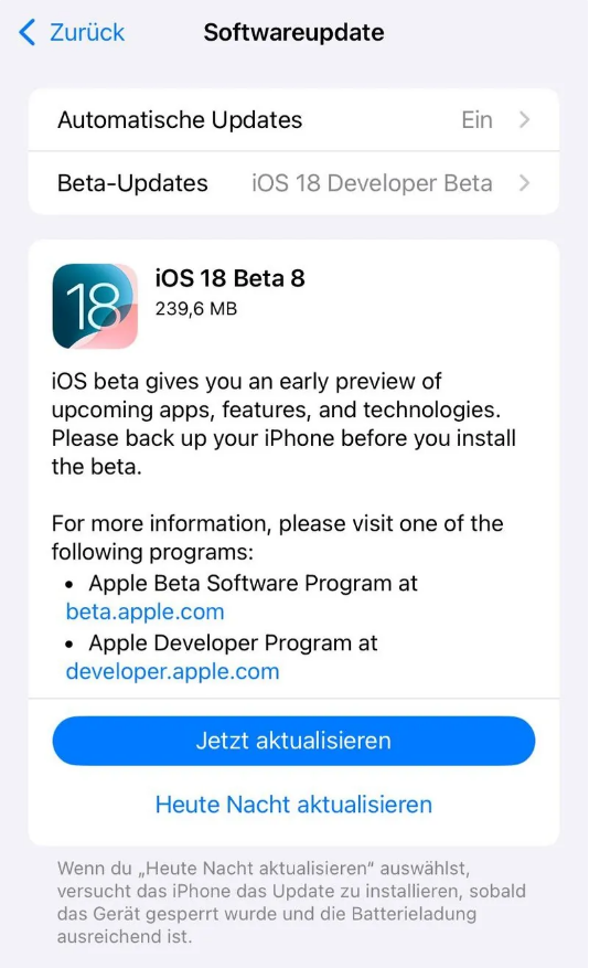 玉林苹果手机维修分享苹果 iOS / iPadOS 18 开发者预览版 Beta 8 发布 